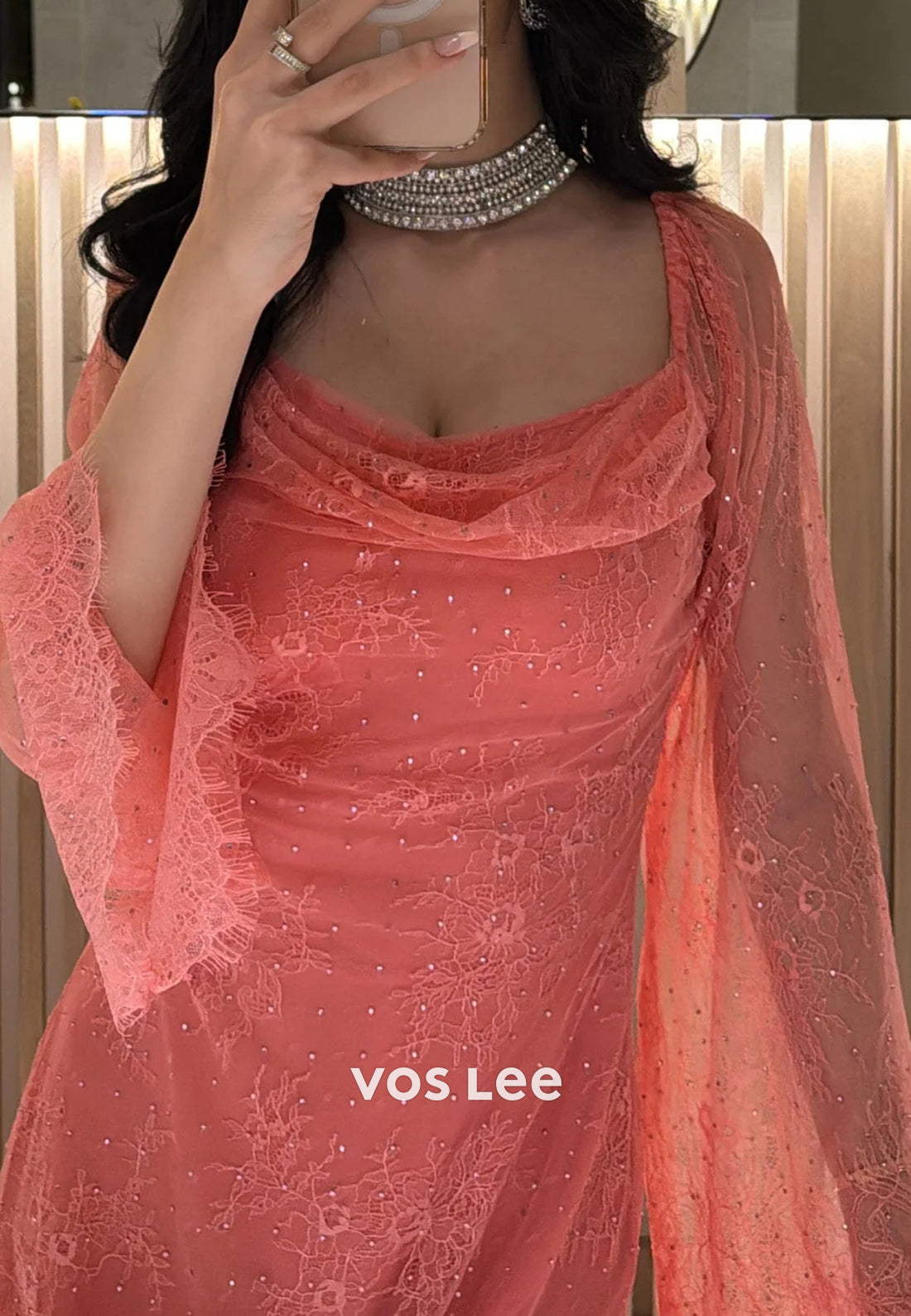 Long Sleeve Scoop Pleated Sheath Appliques Lace Ankle-Length Evening Dresses