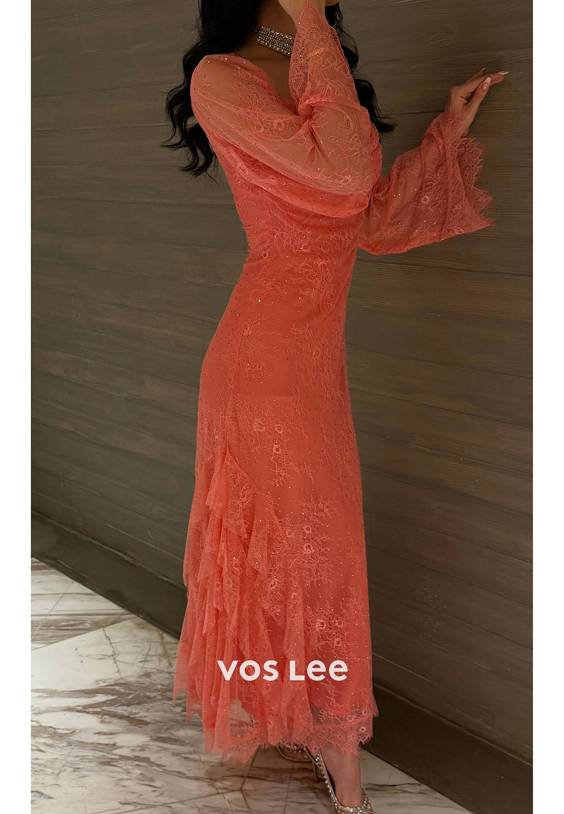 Long Sleeve Scoop Pleated Sheath Appliques Lace Ankle-Length Evening Dresses