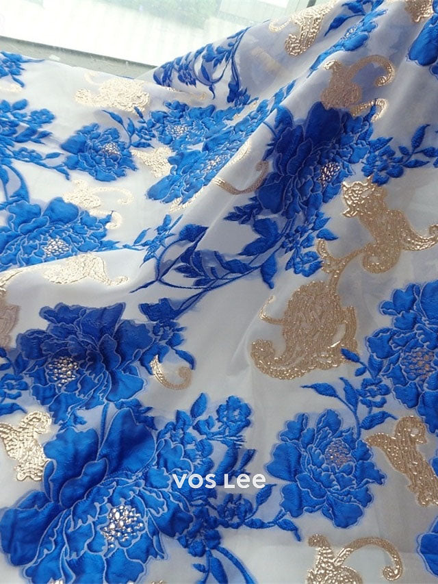 Royal Blue V-Neck Tea Length Gown | 3/4 Sleeve Floral Brocade Formal Dress