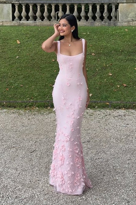 Elegant Pink Square Straps Mermaid Prom Dresses Sleeveless With Flower Beads