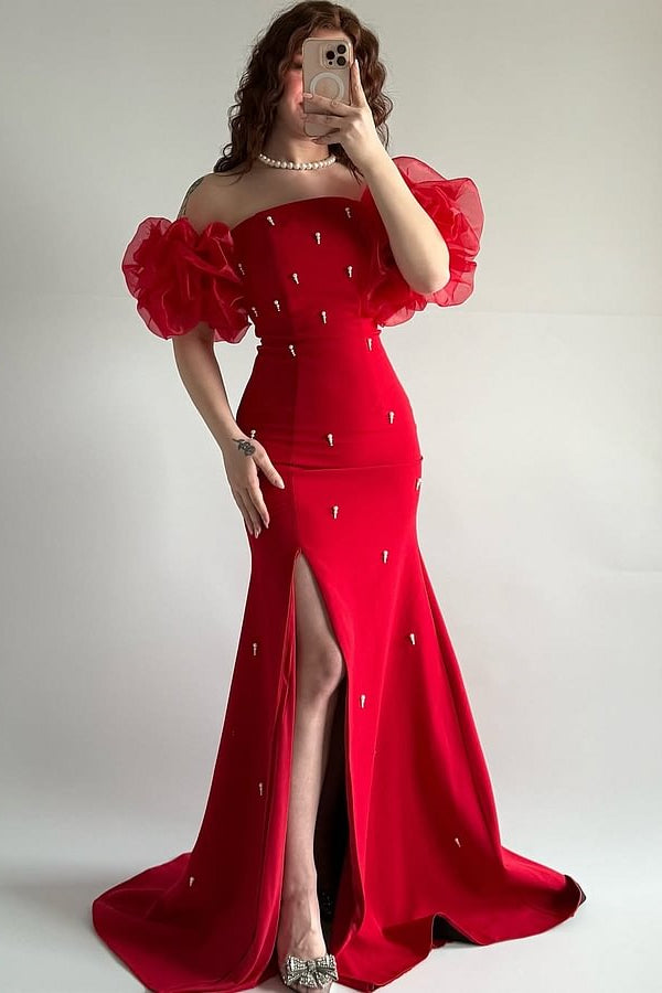 Elegant Red Strapless Mermaid Prom Dresses Bubbles Sleeves High Slit Sheath Dress
