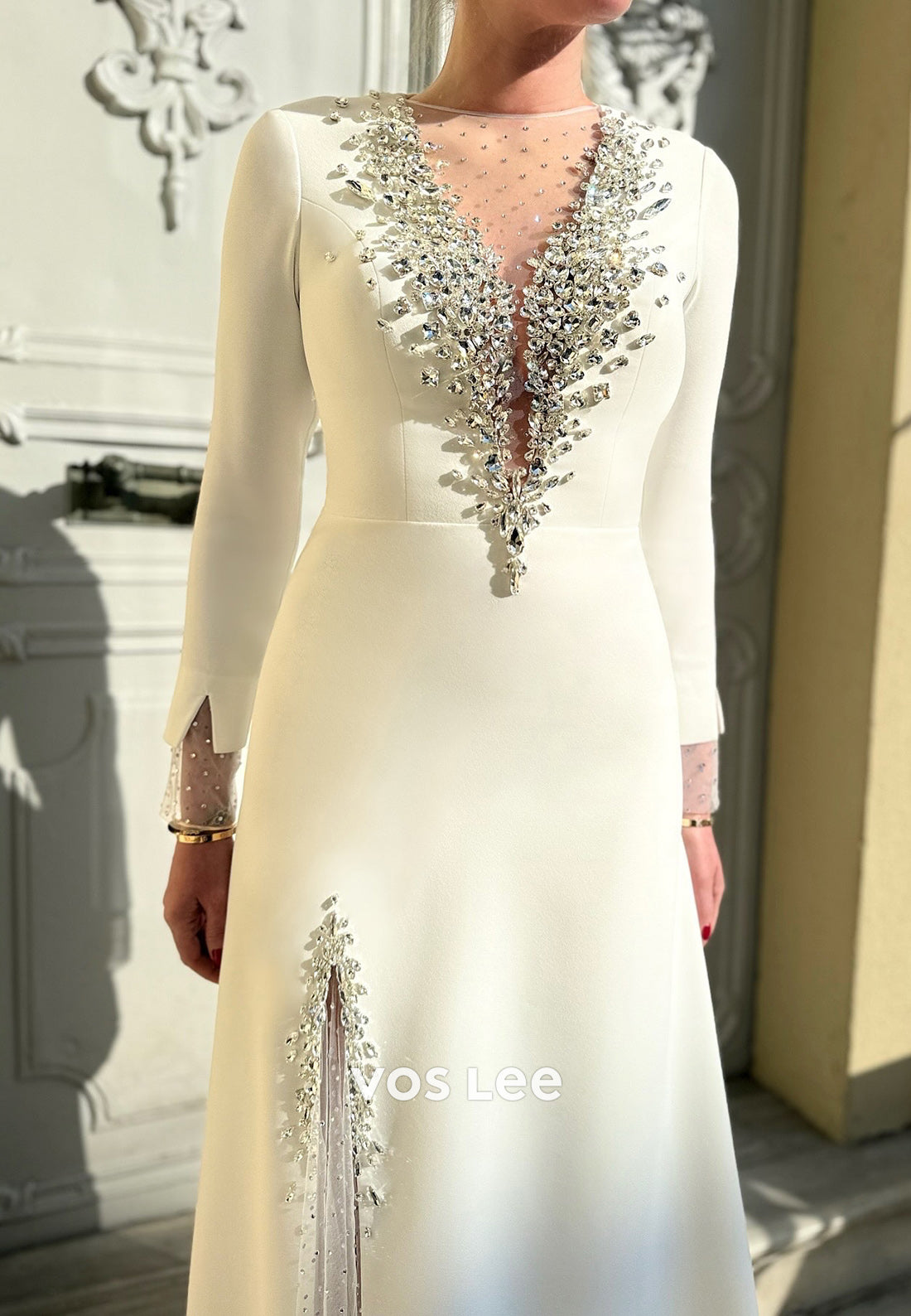 A-Line Long Sleeve Plunging Illusion Rhinestone Couture Evening Dresses with Split