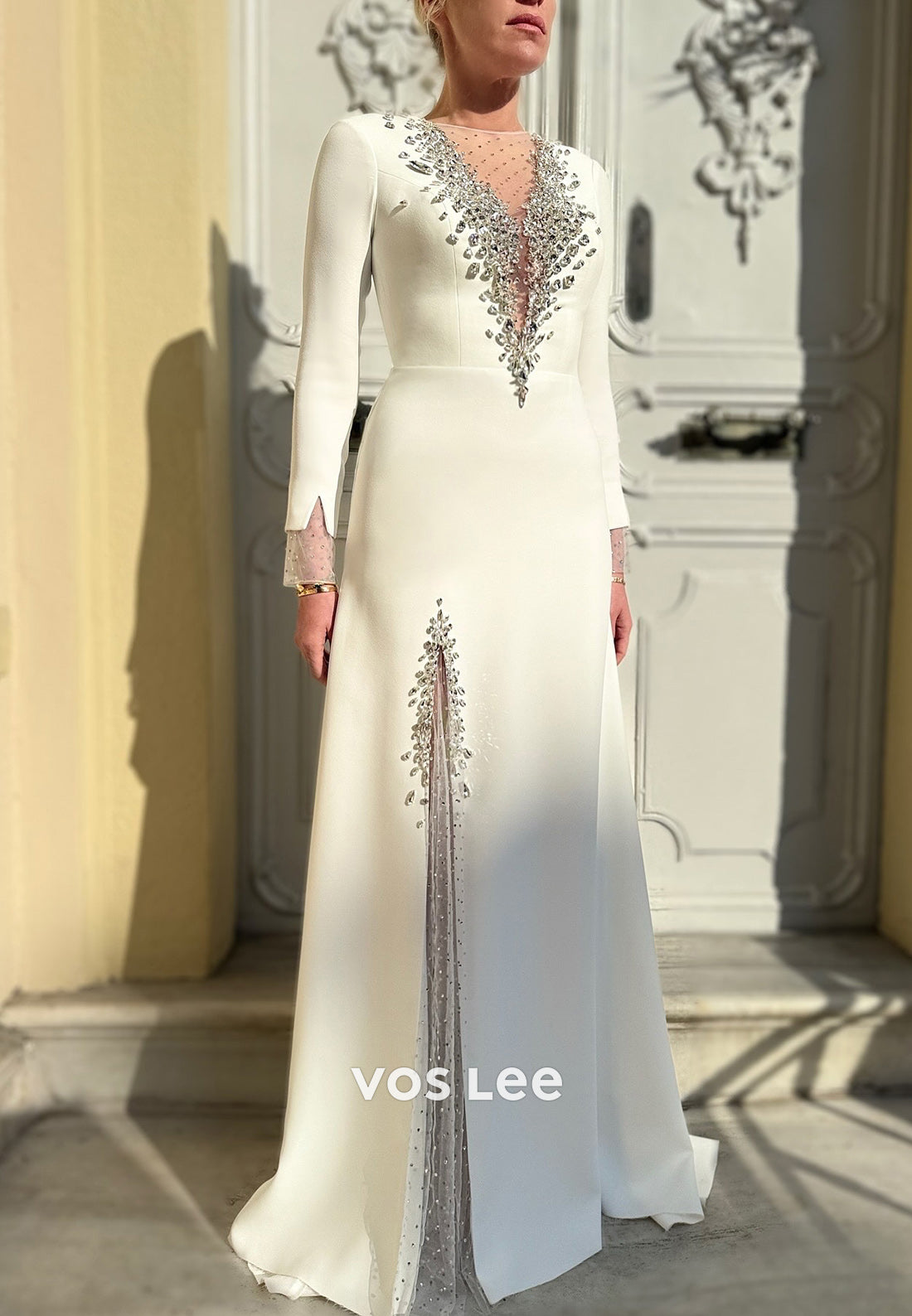 A-Line Long Sleeve Plunging Illusion Rhinestone Couture Evening Dresses with Split