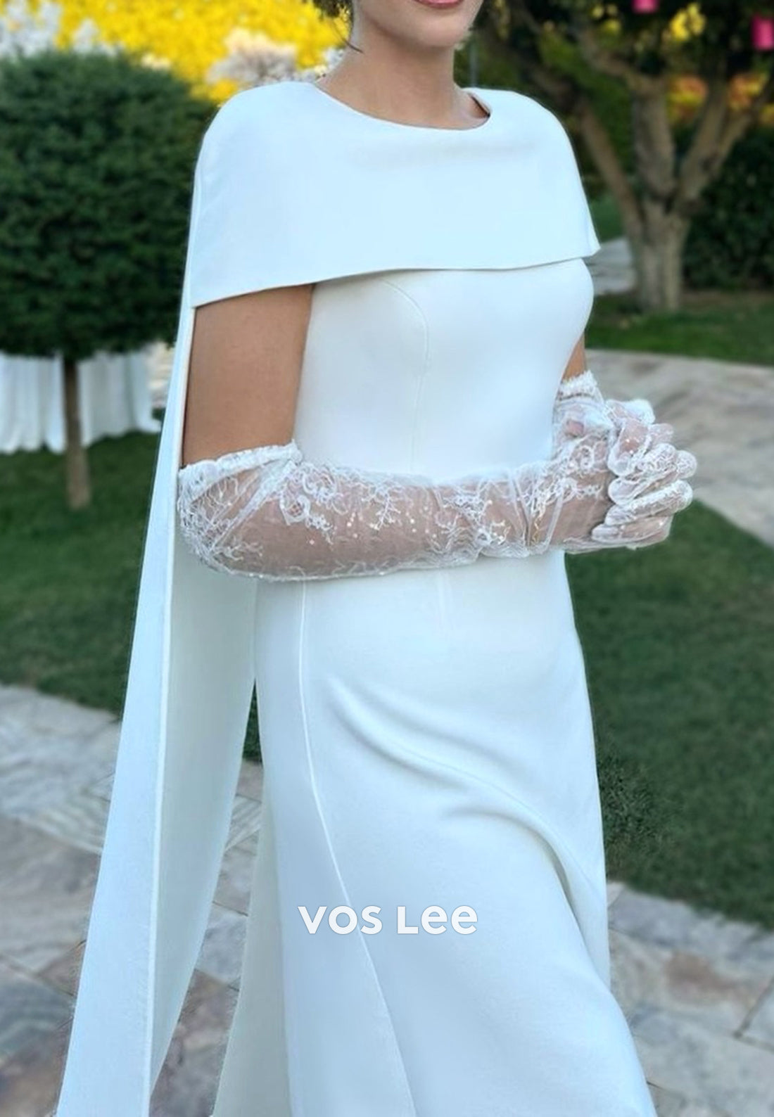 Couture & Ornate Empire Waist Scoop Evening Dresses with Long Lace gloves