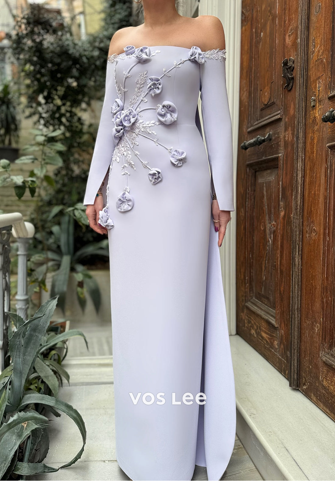 Gorgeous & Charming Long Sleeve Off the Shoulder Floral Embossed Evening Dresses