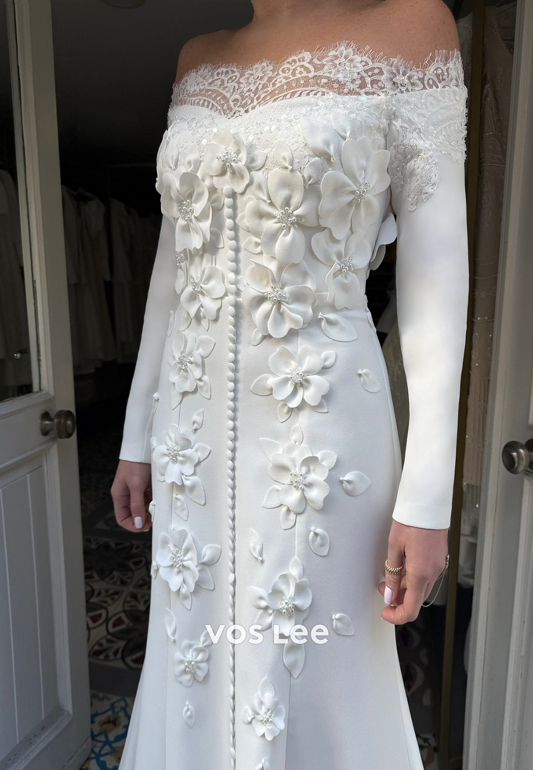 A-Line Off the Shoulder Long Sleeve Appliques Lace Sheath Flowers Evening Dresses