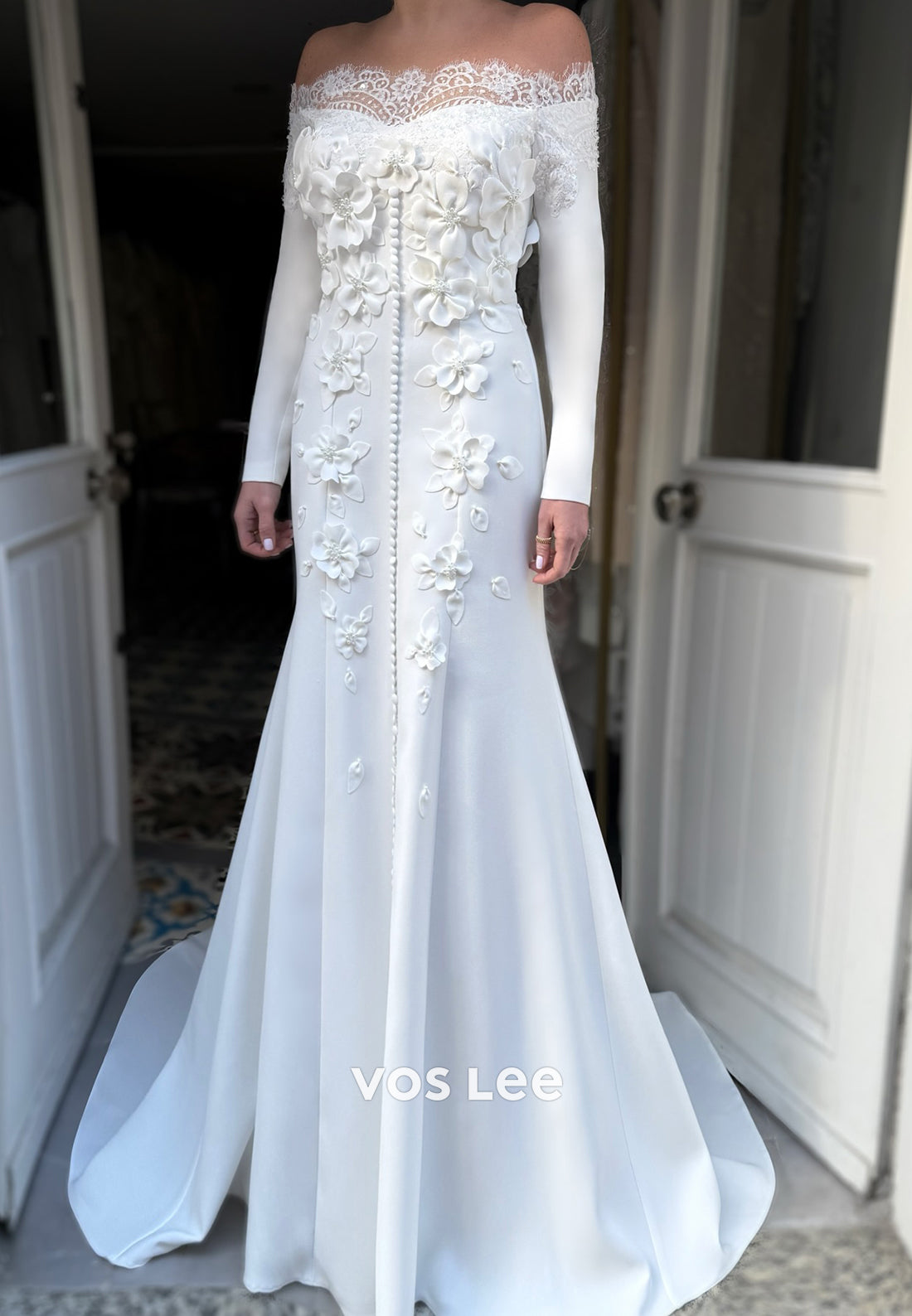 A-Line Off the Shoulder Long Sleeve Appliques Lace Sheath Flowers Evening Dresses