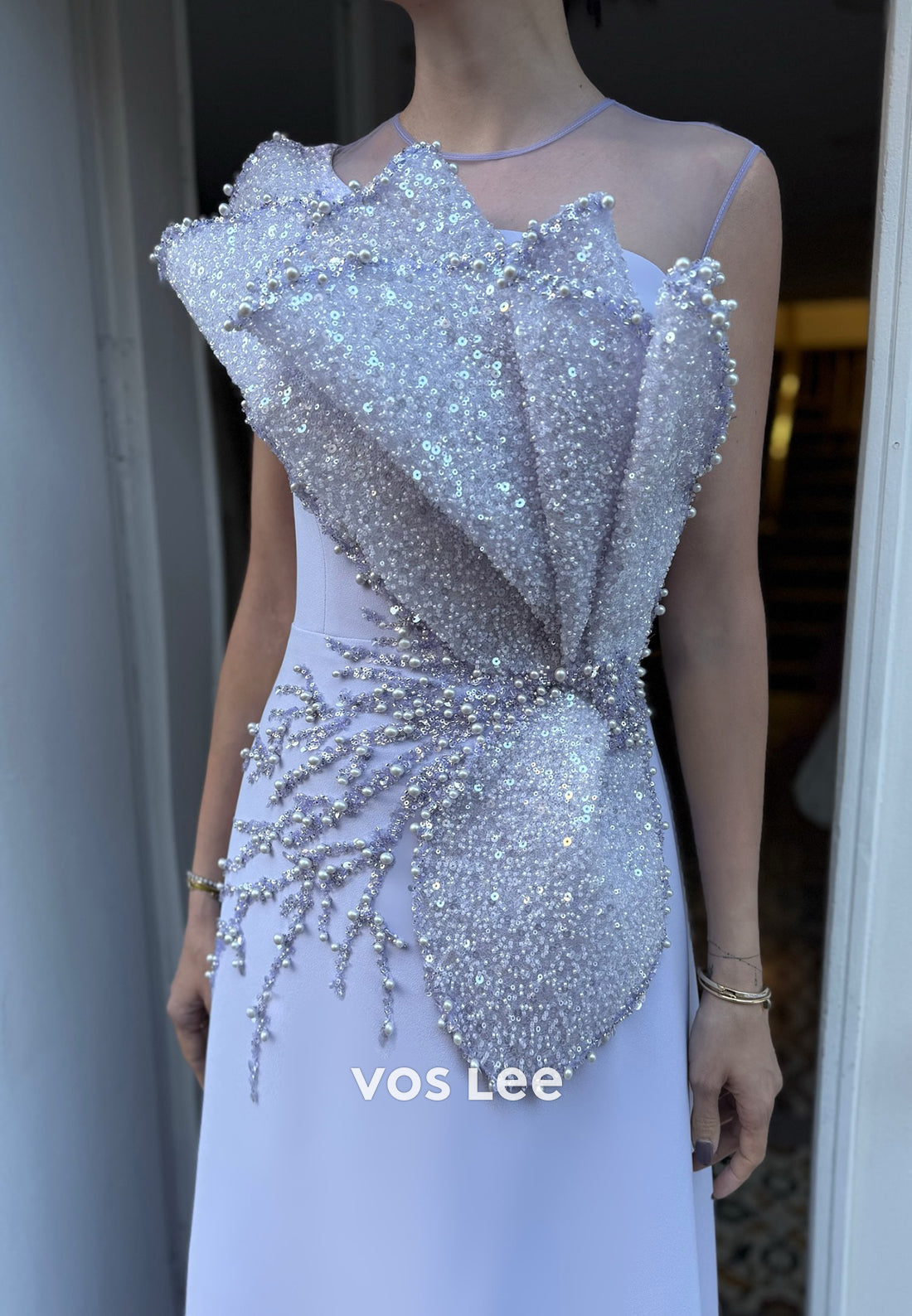 Glamorous & Dramatic A-Line Illusion Neck Rhinestone Pearls Evening Dresses with Train