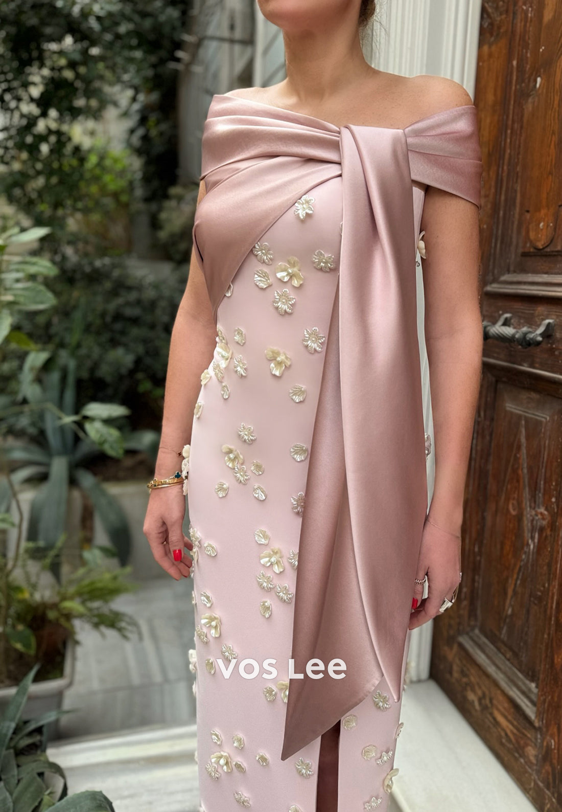 Couture Off the Shoulder Floral Embellished Floor-Length Evening Dresses with High Slit
