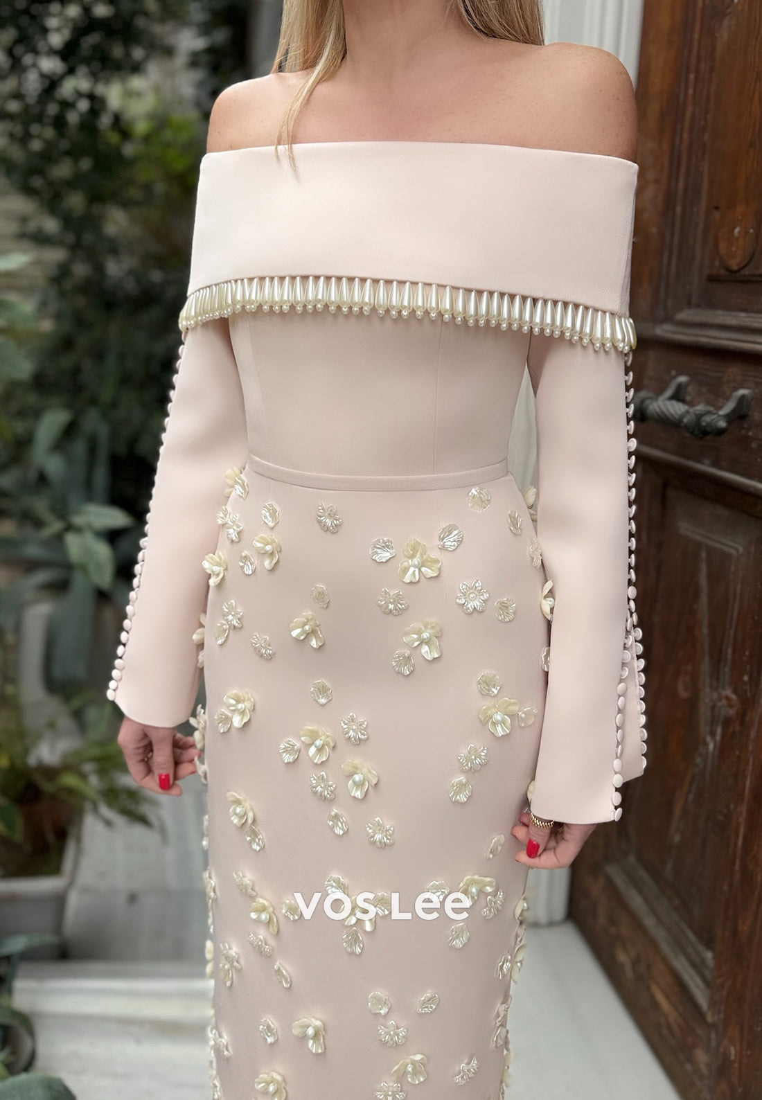 Covered Button Long Sleeve Off the Shoulder Pearls Flowers Sheath Evening Dresses