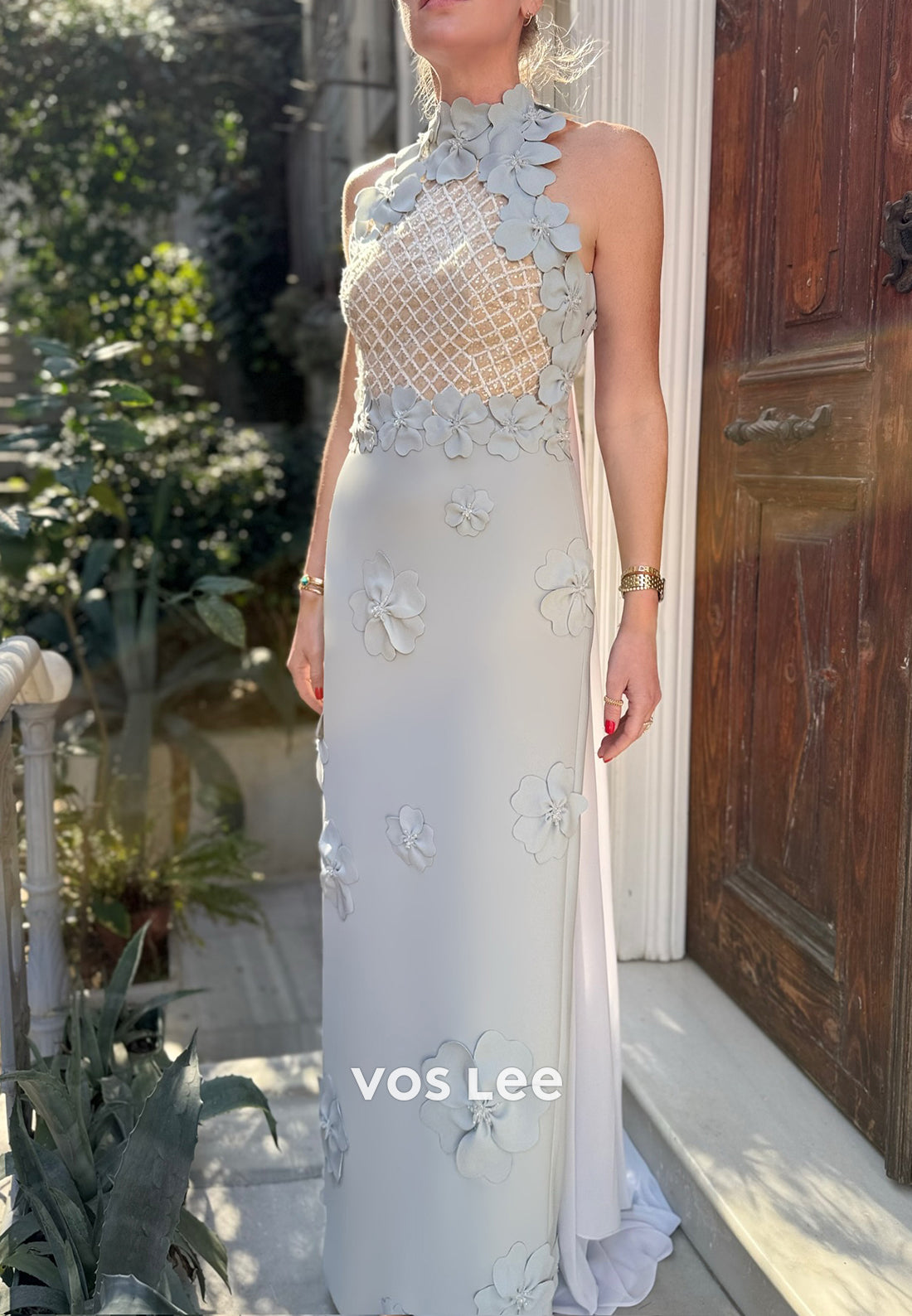 Glamorous & Dramatic Halter Floral Embellished Floor-Length Sheath Evening Dresses