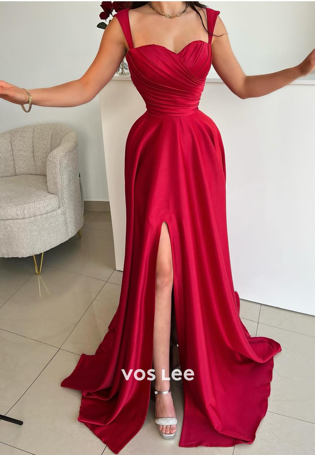 A-Line Pleated Sweetheart Spaghetti Straps Evening Dress Prom Dresses with High Split