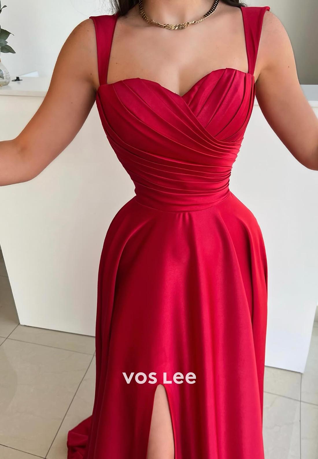 A-Line Pleated Sweetheart Spaghetti Straps Evening Dress Prom Dresses with High Split