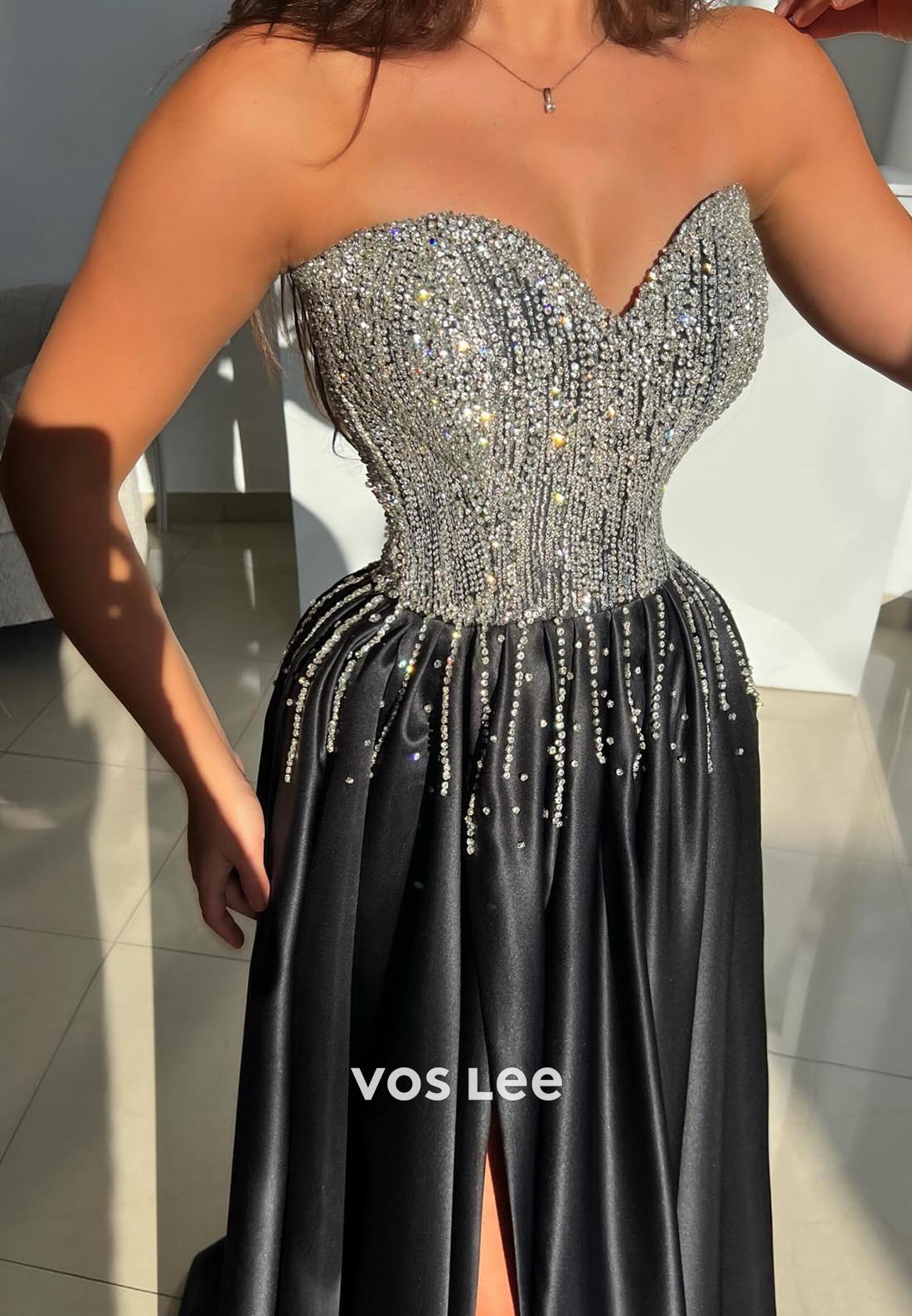 Sparkly A-Line Sweetheart Rhinestone Prom Dresses Evening Dress with High Split