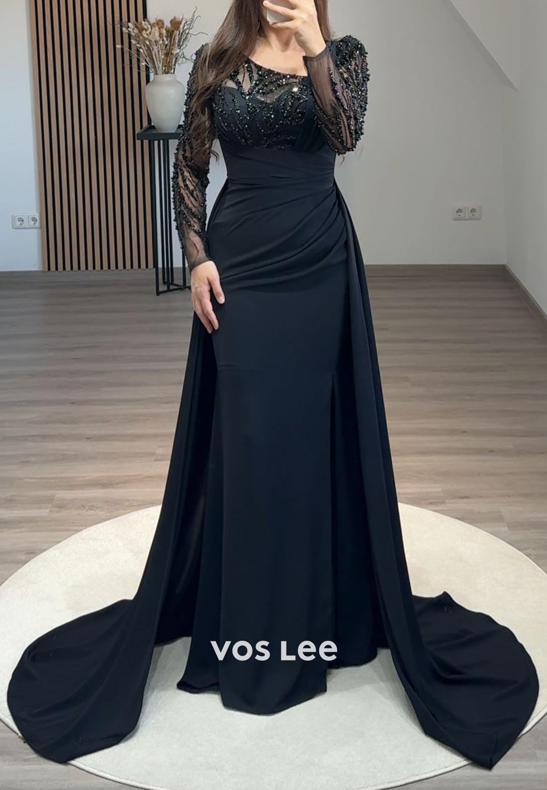 Long Sleeves Beaded Lace Mermaid Formal Dresses with With Sweep Train