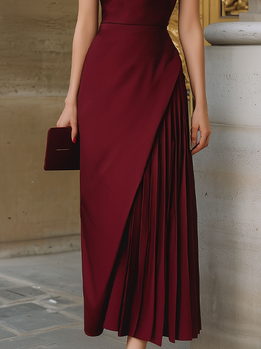Burgundy Halter-Neck Asymmetric Pleated Midi Dress