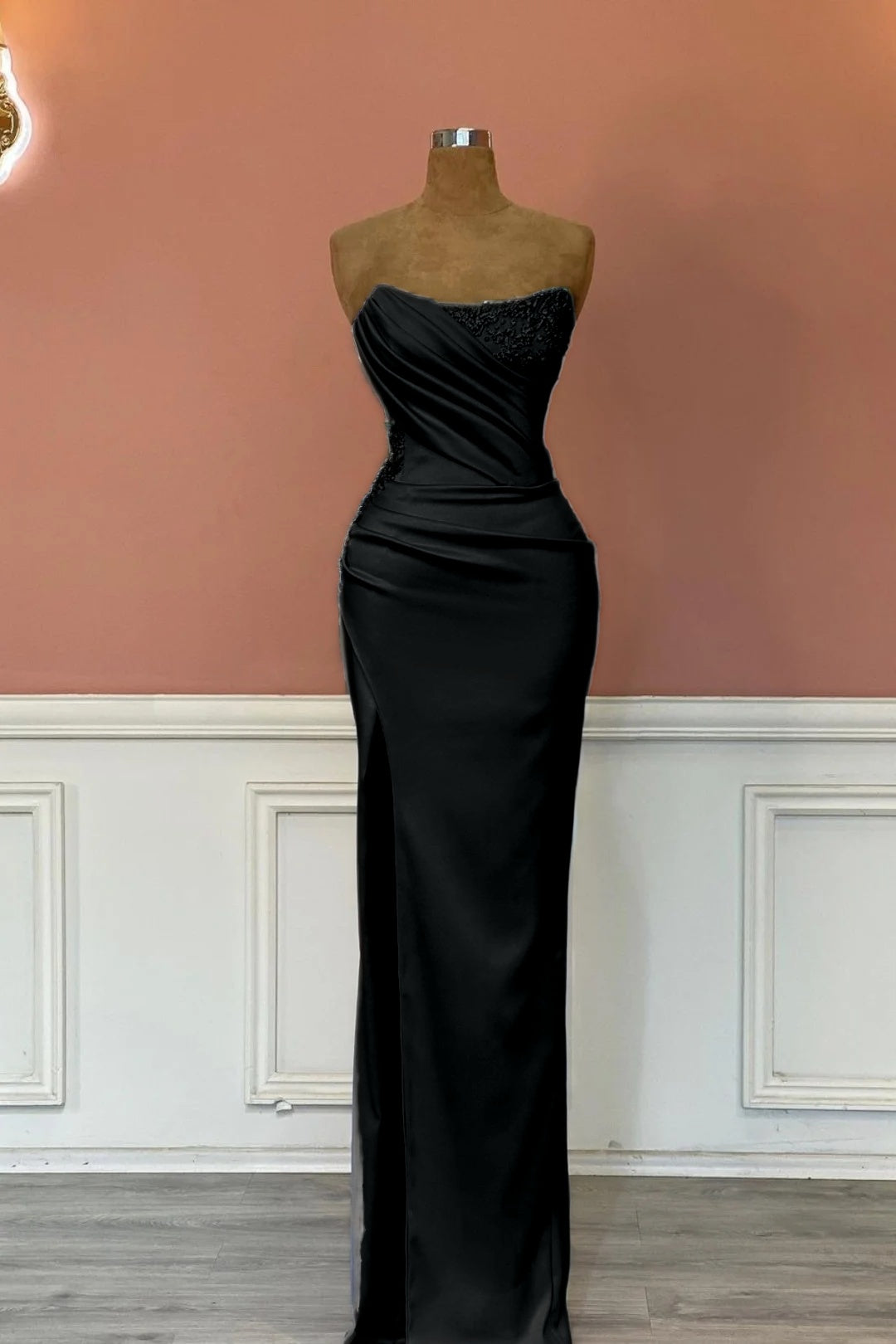 Satin Strapless Sleeveless Long Pleated Mermaid Prom Dress With Rhinstone And High Split