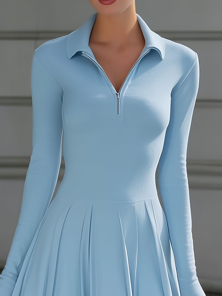 Women’s Light Blue Long Sleeve Pleated Skater Dress