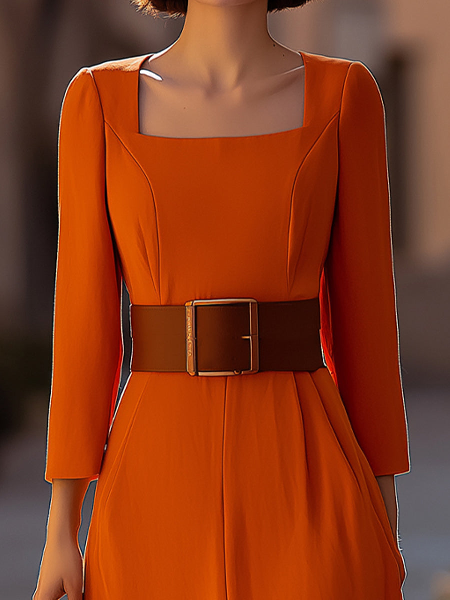 Elegant Square-Neck Belted Midi Dress