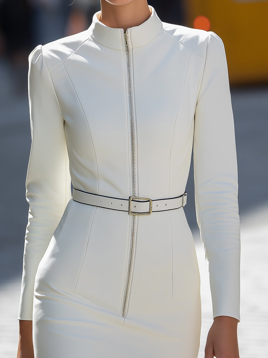 Ivory Zip-Up Bodycon Dress With High Collar And Belted Waist
