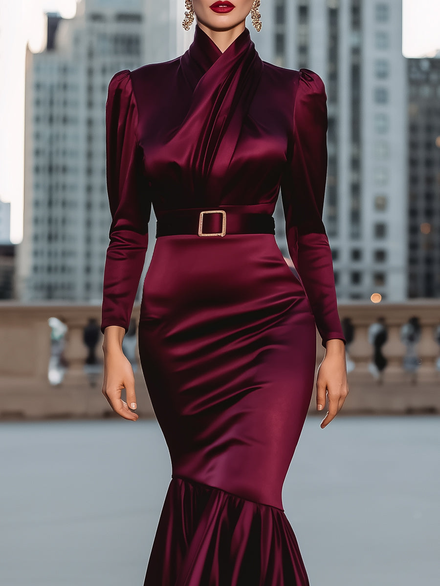 Satin Draped Mermaid Hem Gown With Belted Waist