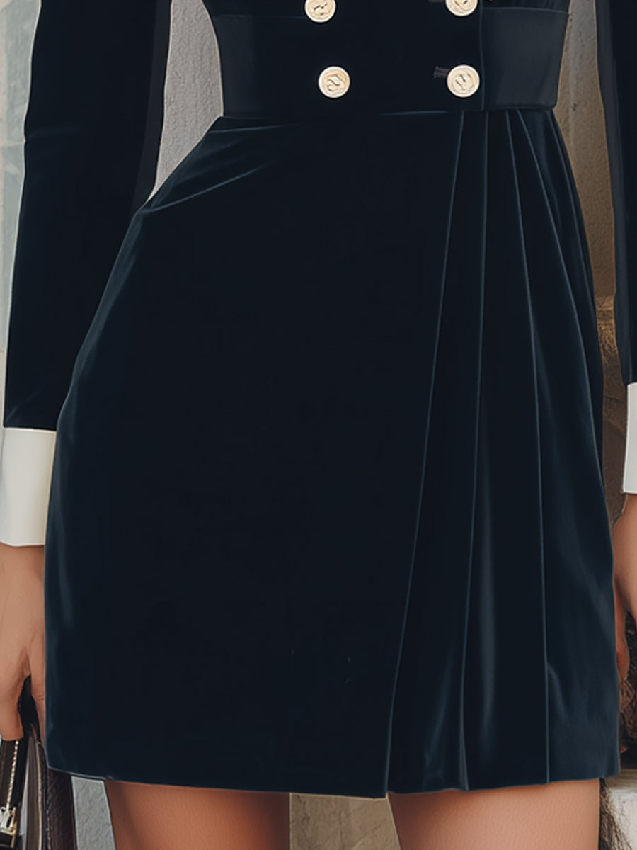 Black Velvet Contrast-Lapel Double-Breasted Blazer Dress