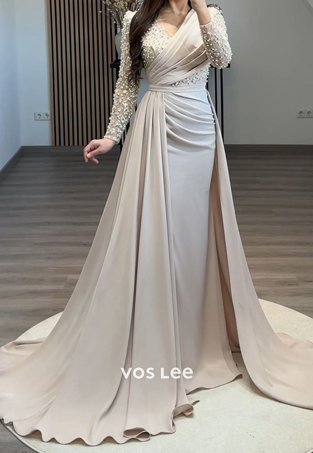 Formal Beaded V Neck Long Sleeves with Train Evening Dress Party Gown