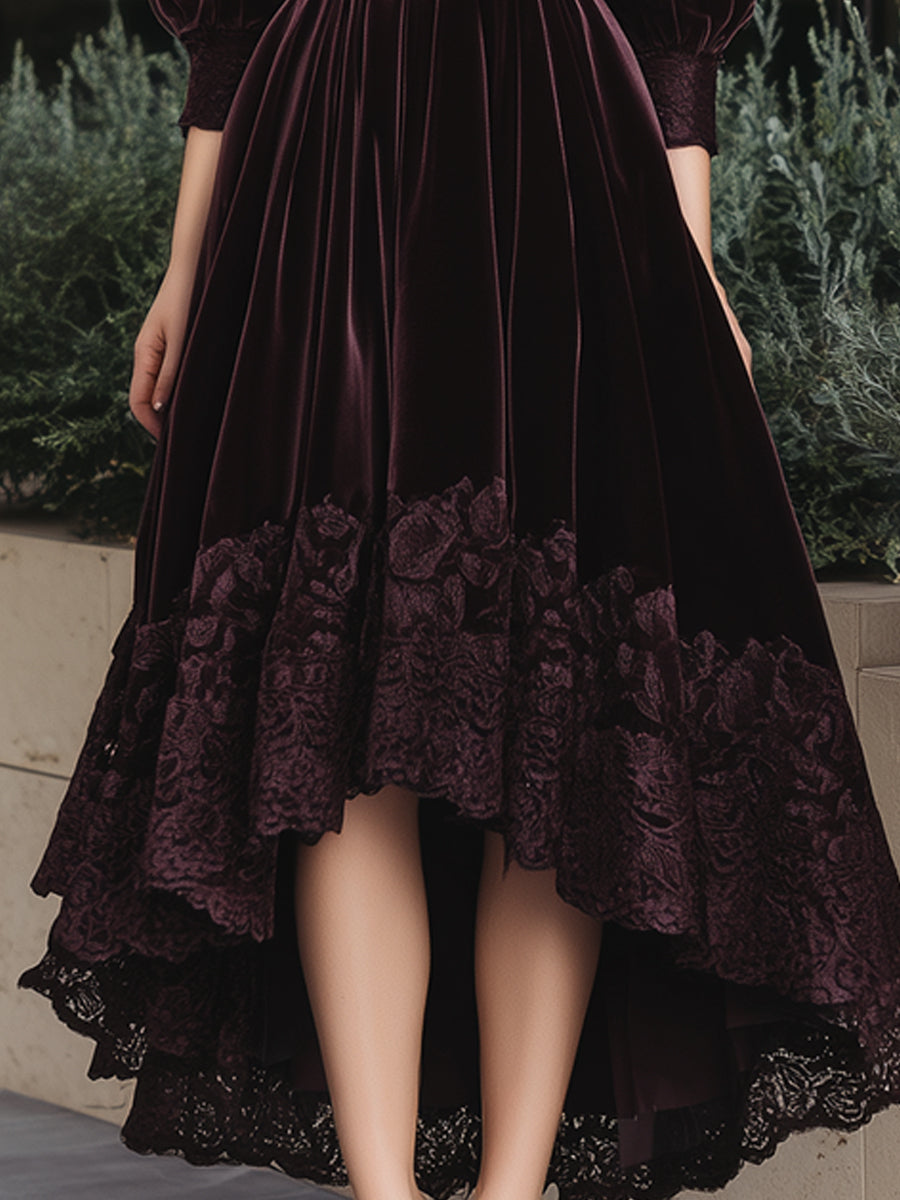 Luxurious Burgundy Velvet Belted Dress With Lace Trim