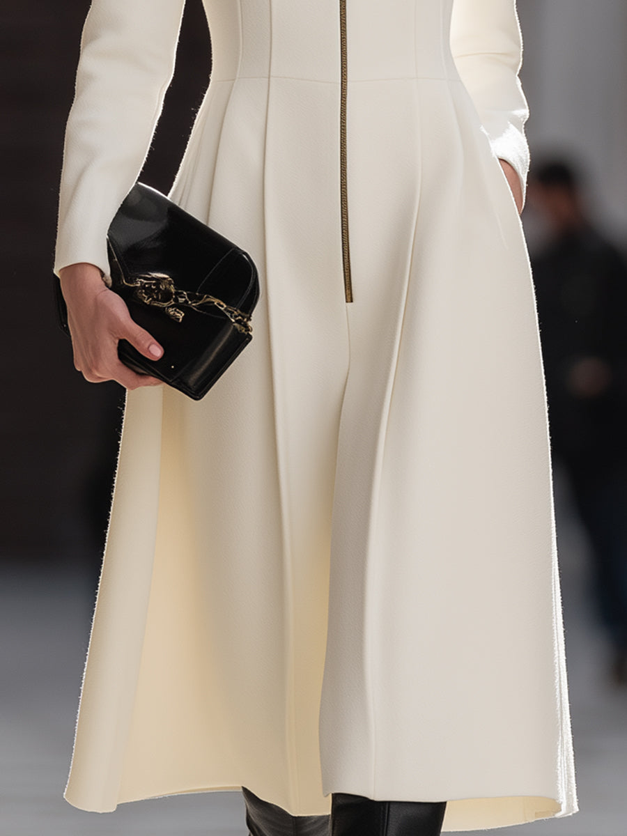 Ivory Zip-Front Midi Dress