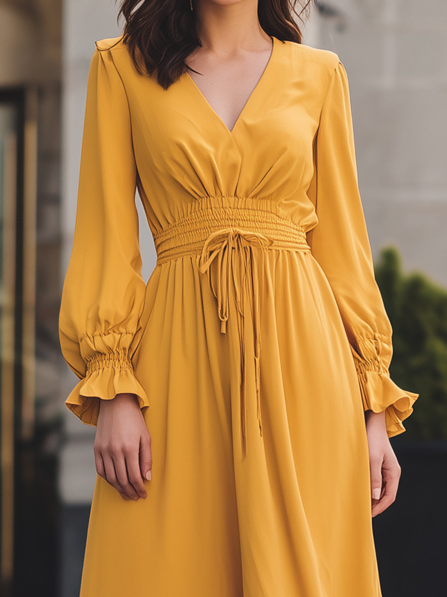 VOS LEE Mustard Smocked Waist Maxi Dress