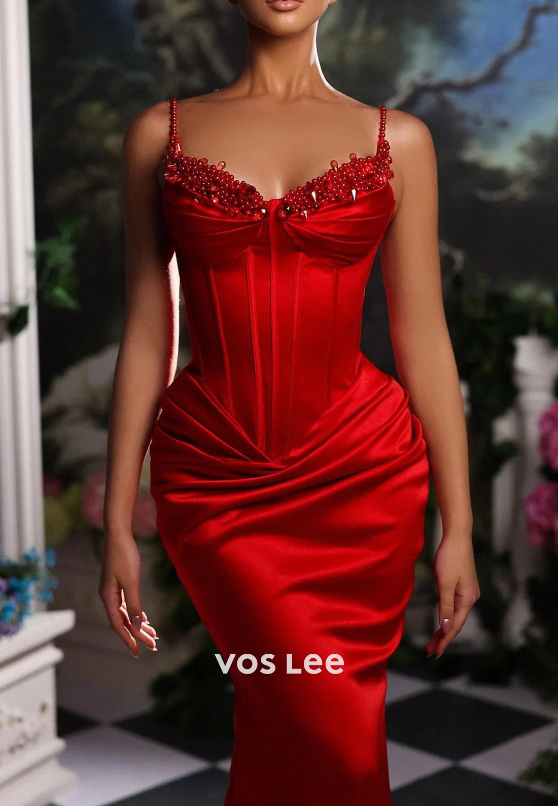 Spaghetti Straps Sweetheart Beaded Mermaid Evening Dresses with Sweep Train