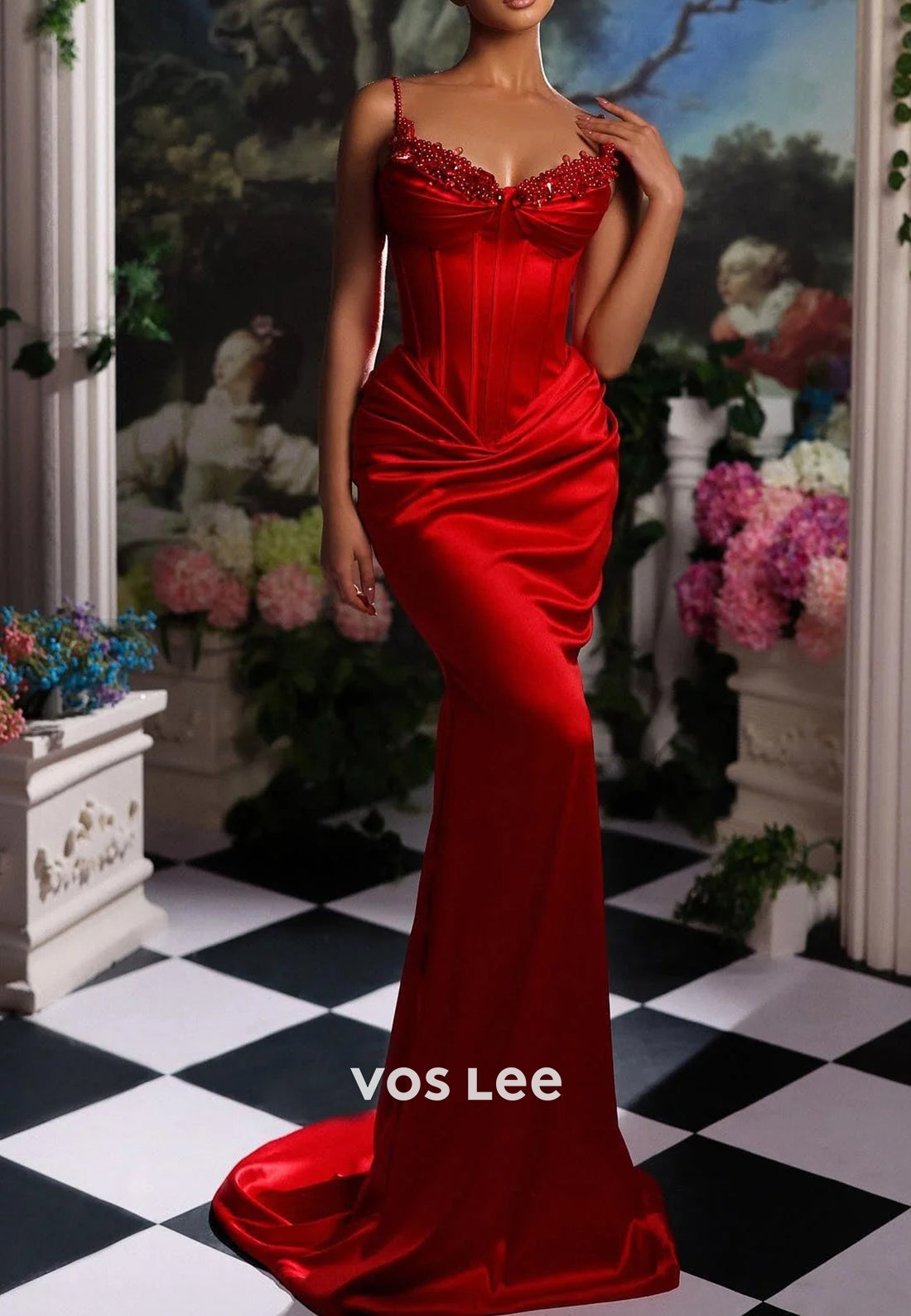 Spaghetti Straps Sweetheart Beaded Mermaid Evening Dresses with Sweep Train