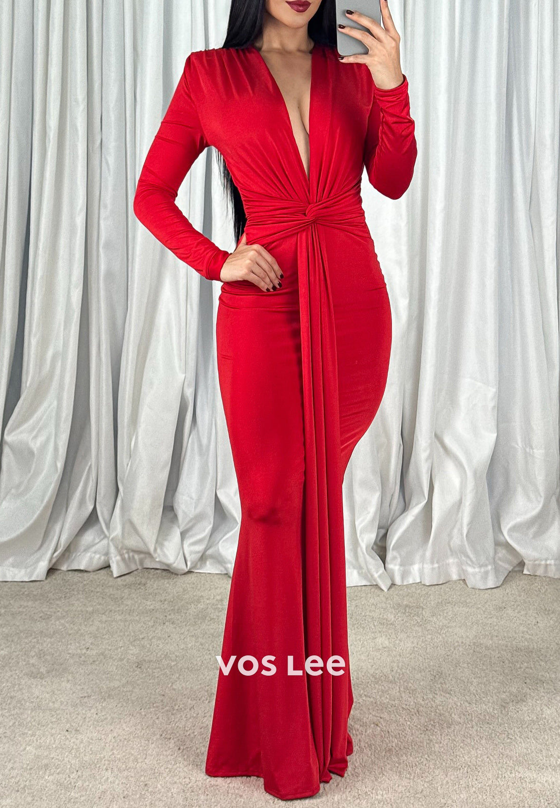 Long Sleeve V Neck Pleated Floor-Length Mermaid Mother of Bride Dresses Evening Dresses