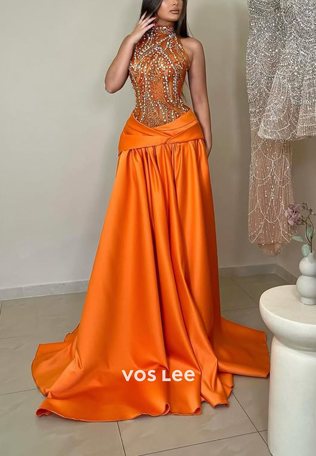 A-Line Prom Dress Sexy Orange Beads Crystal Evening Party Gowns A-Line Prom Dress Sexy Orange Beads Crystal Evening Party Gowns