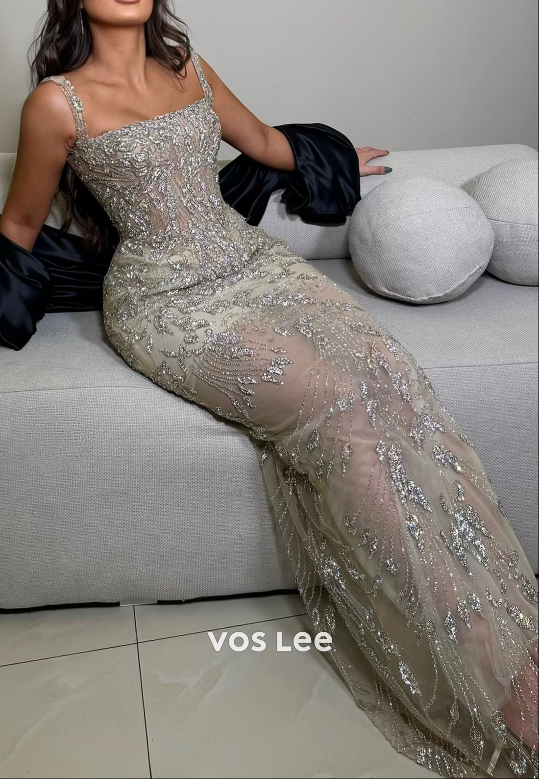 Luxury Sheath Prom Dress Beaded Sequined Floor-Length Evening Gowns