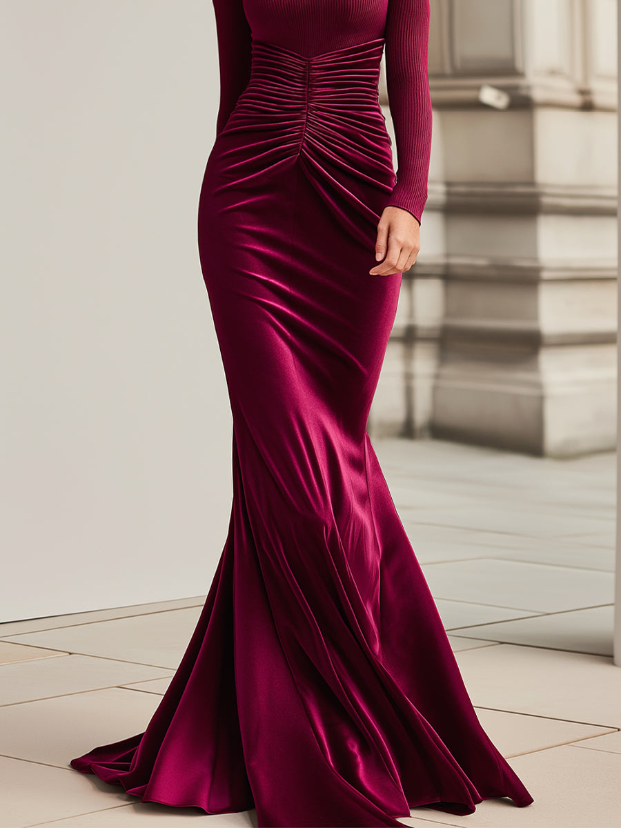 Ribbed Knit & Velvet Panel Gown