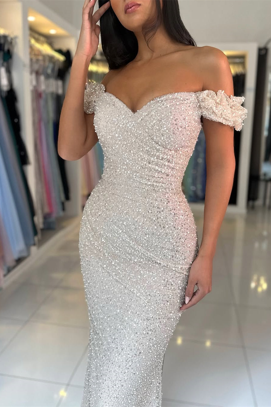 Off-the-Shoulder Sweetheart Evening Gowns Sequins Long With Detachable Overskirt