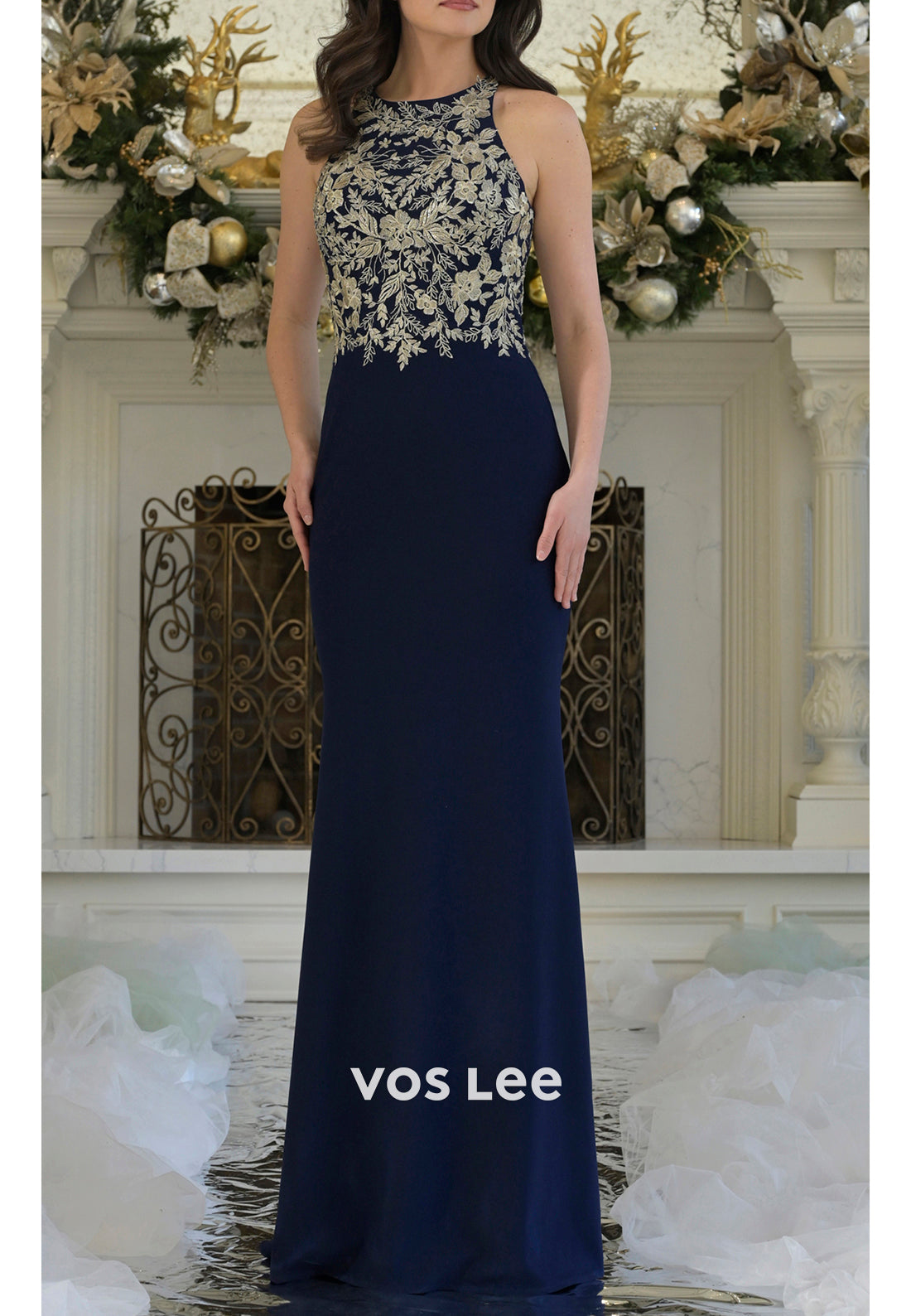Glamorous & Dramatic Halter Appliqued Embellished Pleated Sheath Mother of Bride Dresses