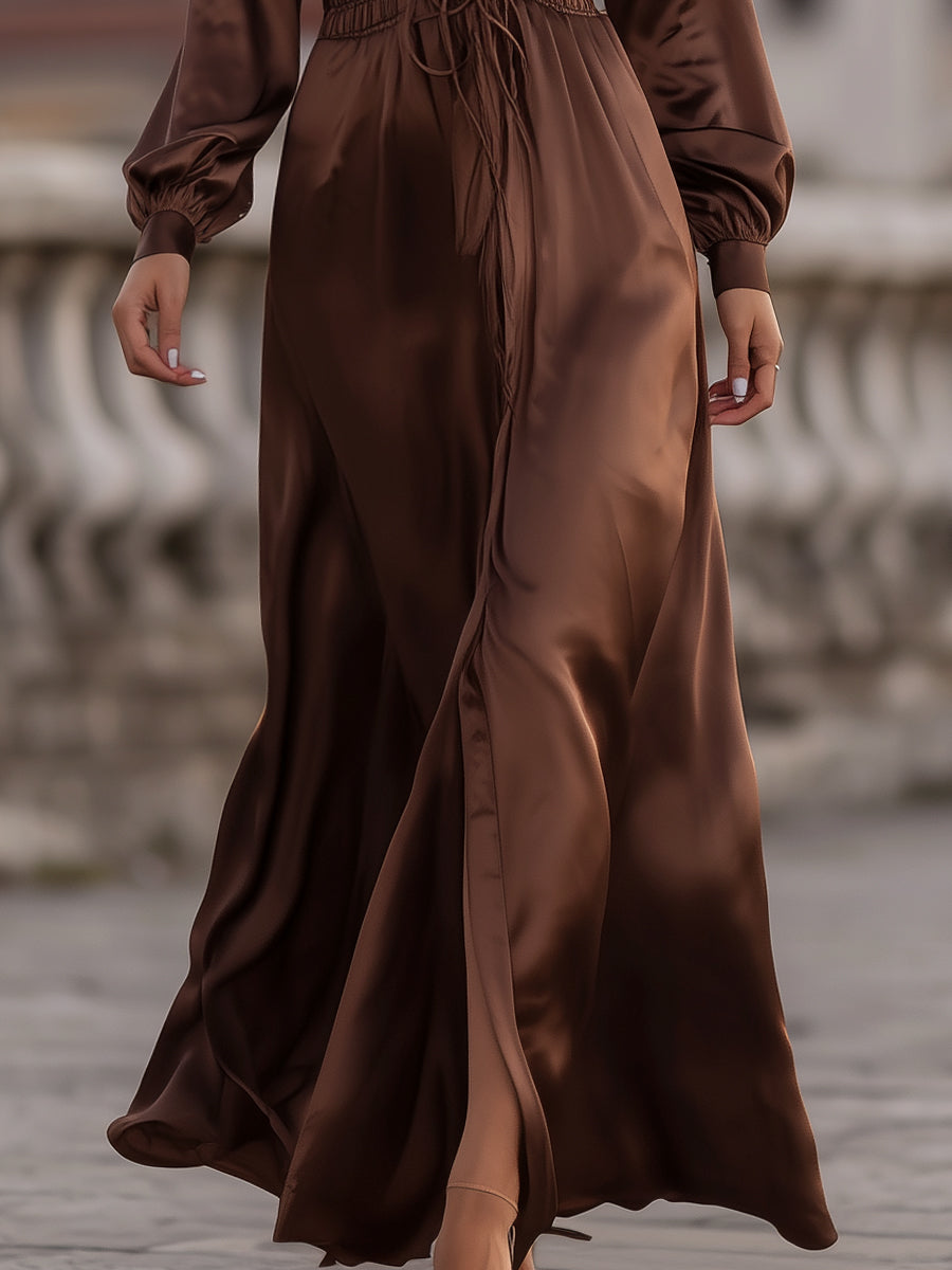 VOS LEE Satin Cinched Waist Maxi Dress In Mocha Brown