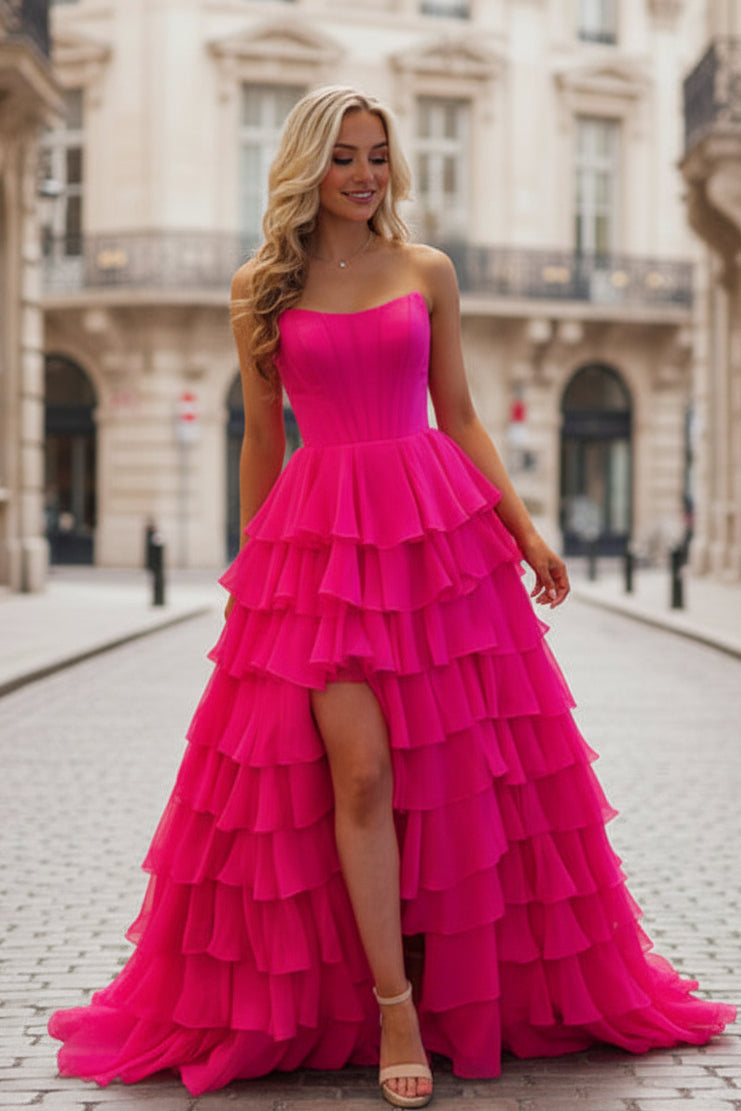 Fuchsia Scoop Neck A Line Chiffon Tiered Prom Dresses With Bowknot