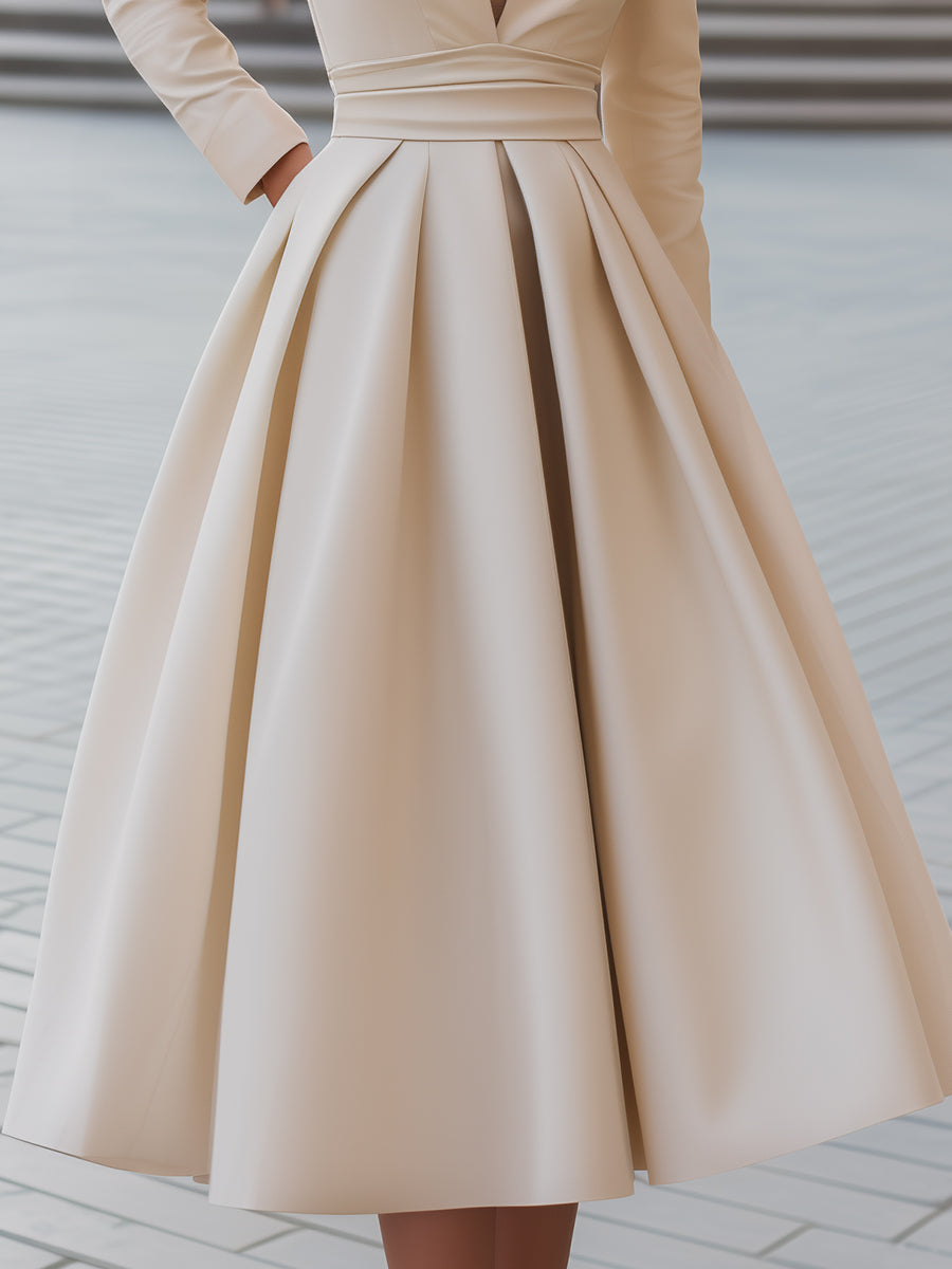 V Neckline Pleated Fit-and-Flare Midi Dress