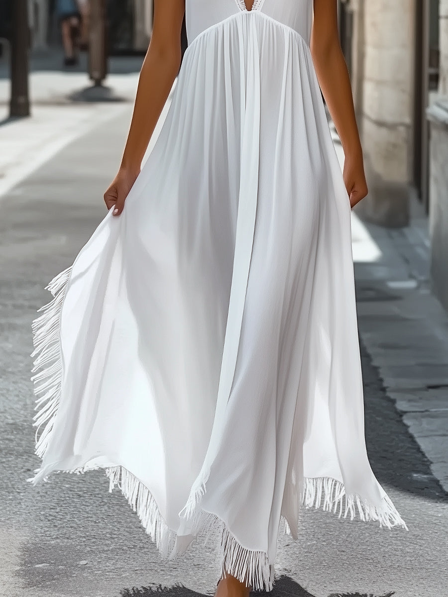 Halter Maxi Dress With Fringe Trim Wedding Guest Dresses