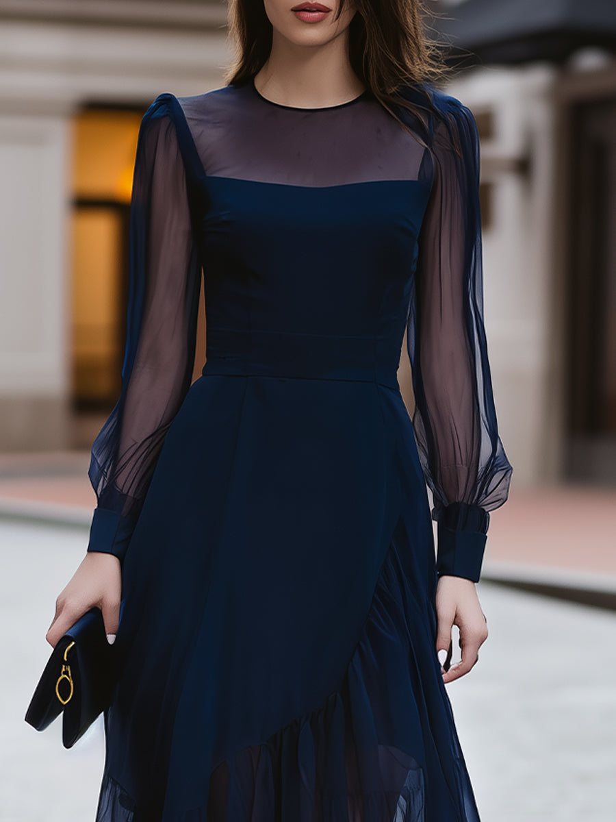 Elegant Navy Blue Sheer Sleeve Midi Dress