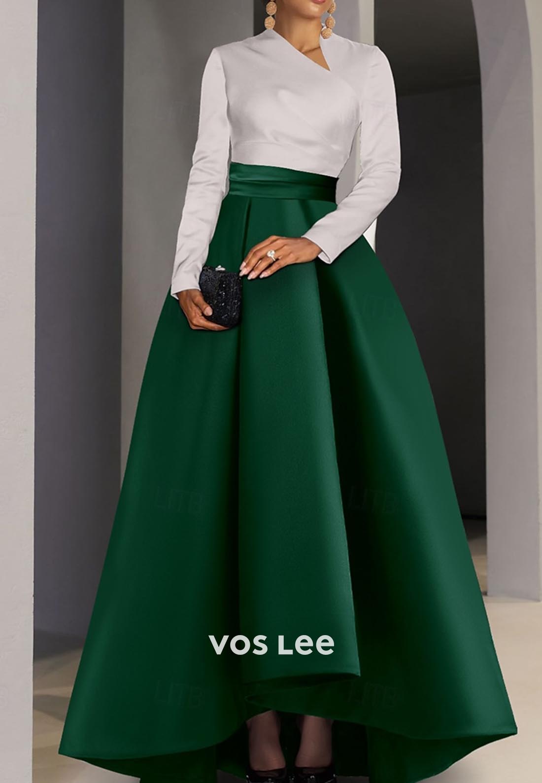 A-Line Long Sleeves Empire Waist High Low Pleated Evening Dress with Train
