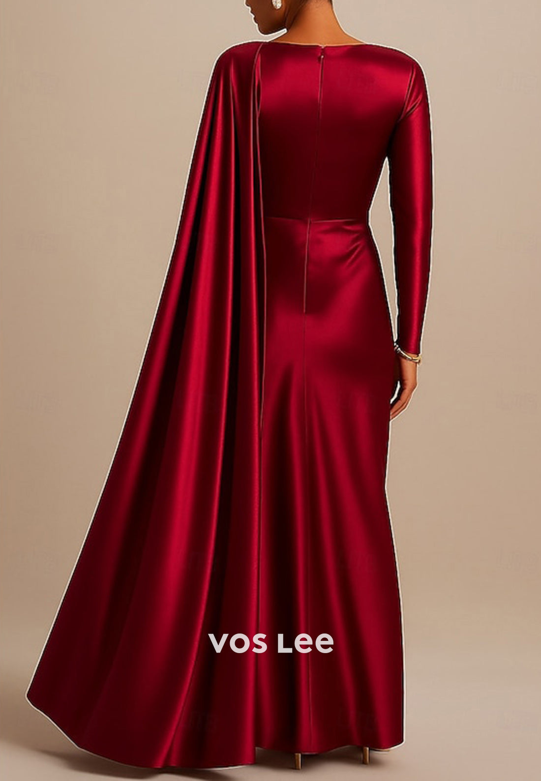 Burgundy Asymmetrical Neck Long Sleeve Pleated Mermaid Evening Dresses