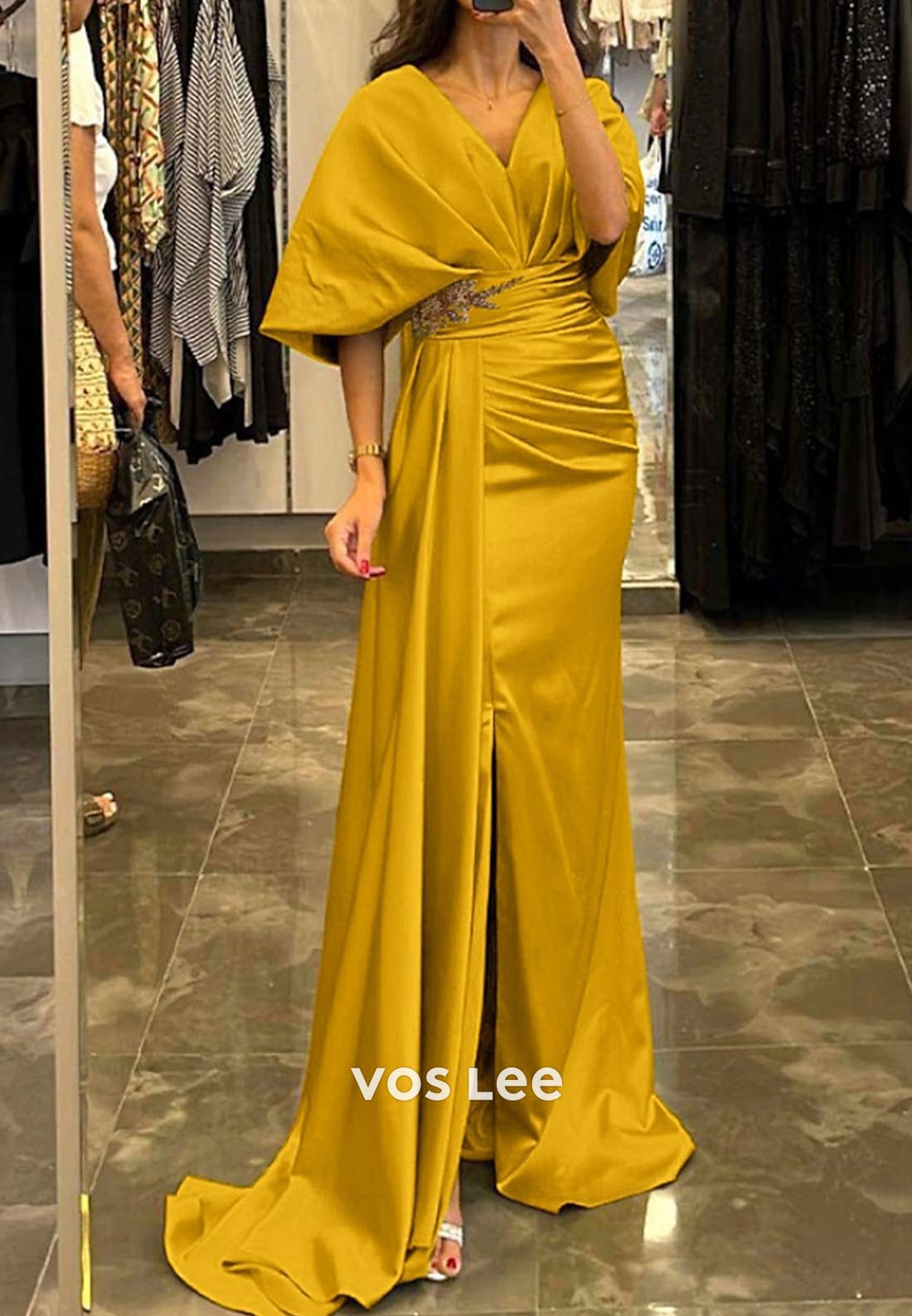 Glamorous & Dramatic Half Sleeves Mother of Groom Evening Dress with Split