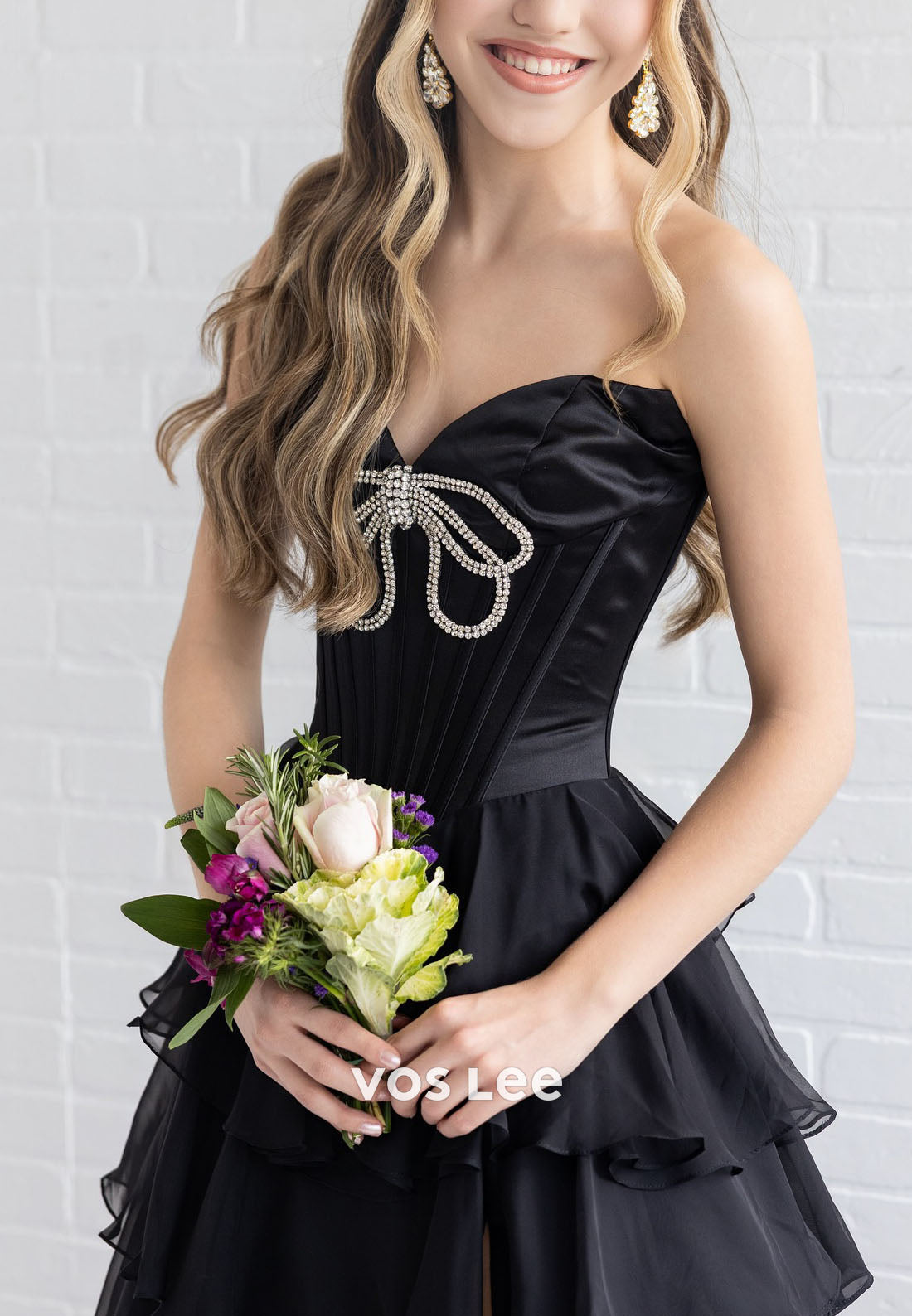 Princess A Line Sweetheart Black Corset Prom Dress with Crystals Bow