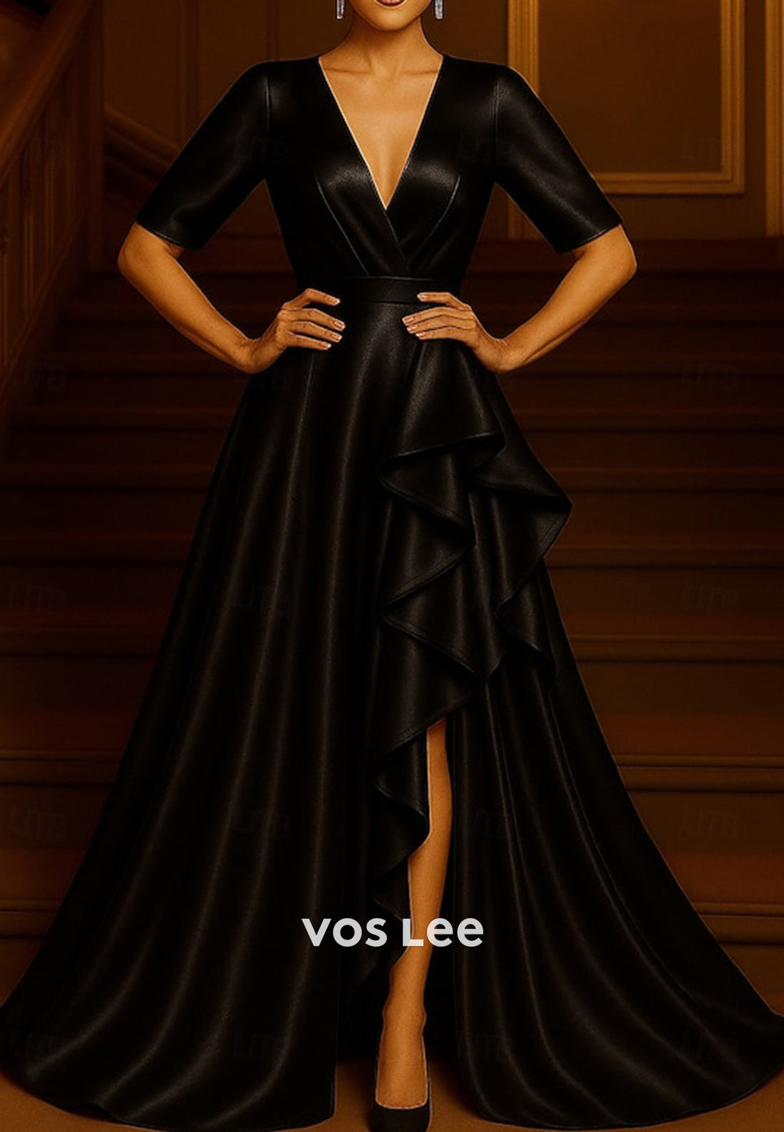 A-Line V Neck Short Sleeve High Split Evening Dresses with Sweep Train