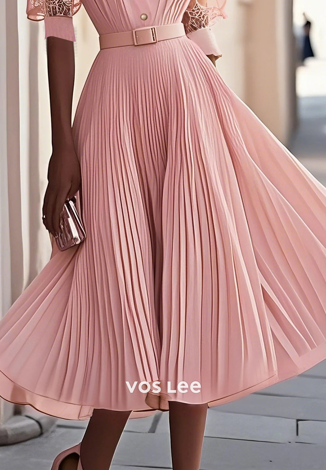 Pink Short Sleeve Pleated Lace V Neck A-Line Tea-Length Midi Chiffon Wedding Guest Dresses