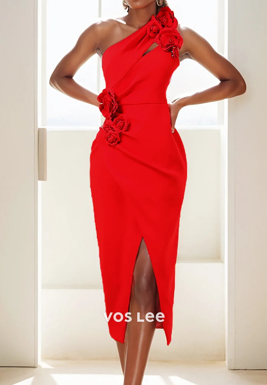 One Shoulder Floral Embellished Pleated Tea-Length Sheath Party Dresses with Split